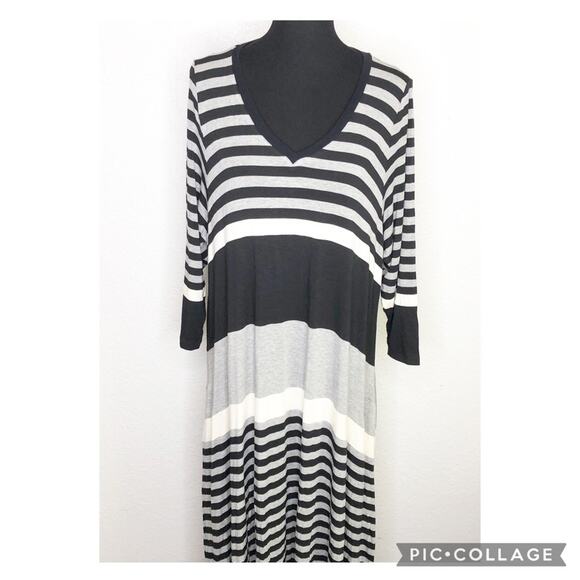 Alembika black cream gray striped v neck maxi dress size 5 or US 14-16 - Picture 1 of 16